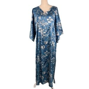 Solelia Blue Floral Satin Kaftan Maxi Dress V-Neck Kimono Sleeve Medium - L NEW
